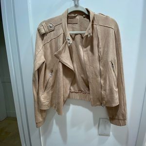BlankNYC suede jacket - color is ‘candy crush’ which is a beige with pink tint